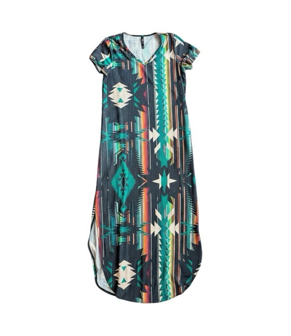 Crazy Train Multicolor Geometric V-Neck Short Sleeve T-Shirt Midi Dress XS